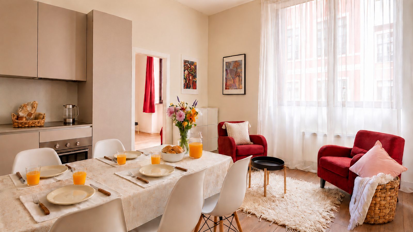 Ambiente cálido de hogar con textiles naturales y luz suave